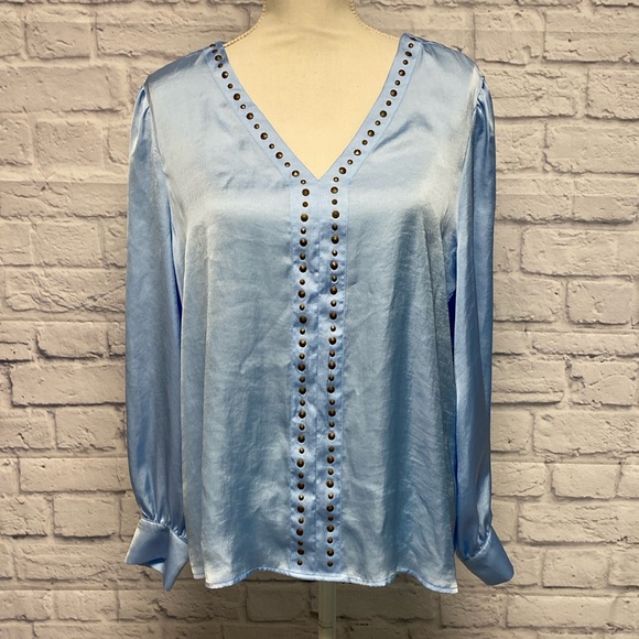 NWT Vince Camuto Satin Long Sleeve Embellished Blue Blouse Sz M - Picture 1 of 11